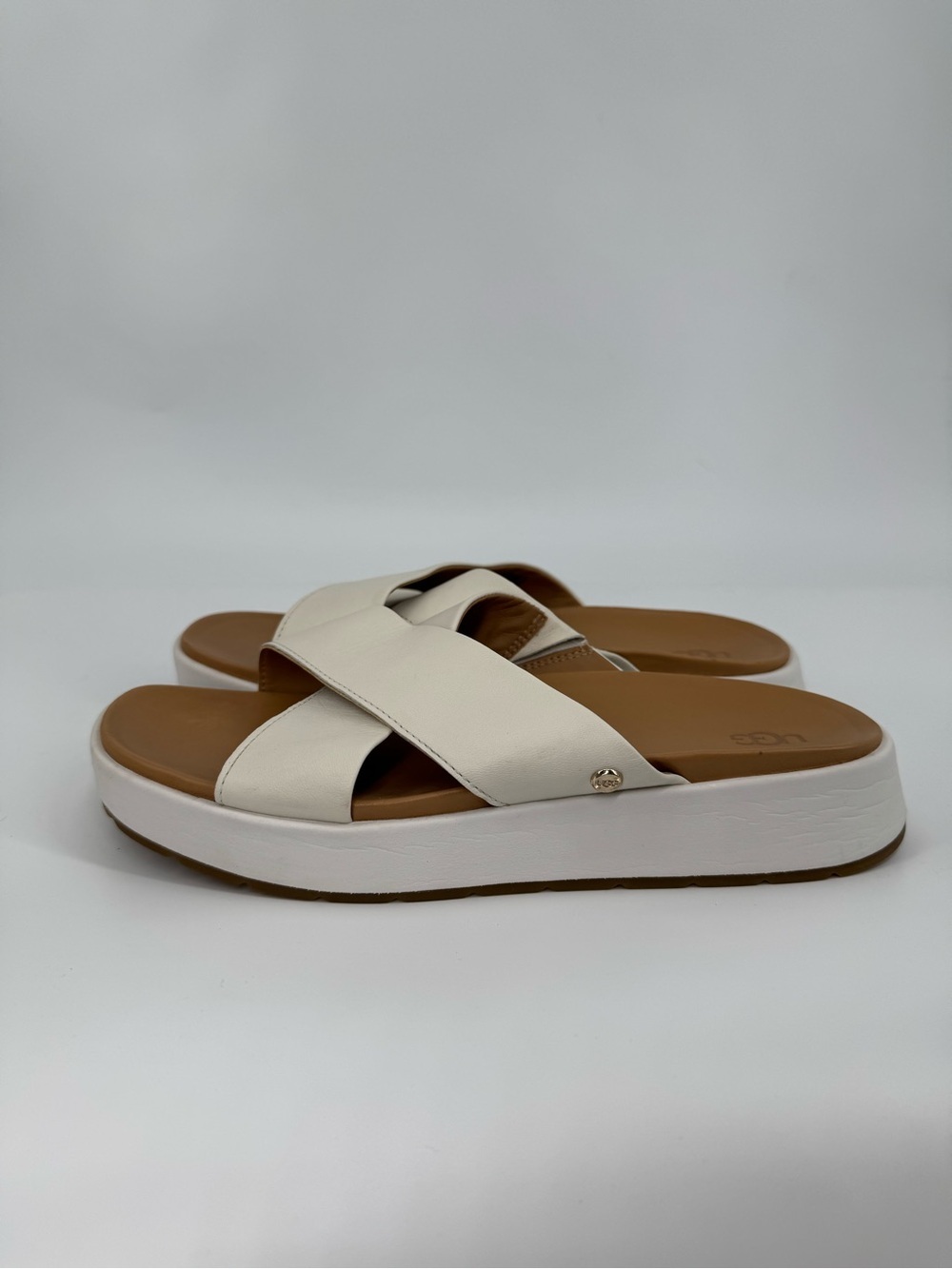 UGG Emily White Patent Leather Platform Slide Sandals Summer Beach Coastal 8.5
